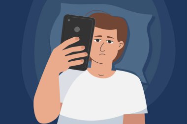 A man with a phone in his hand in bed. A tired, anxious character surfing the internet at night. clipart