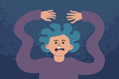 Üzgün bir karakter endişe, korku ya da panik atak hisseder. Zihinsel bozukluk, nevrozlar ve bilinç karmaşası. Düz vektör illüstrasyonu.