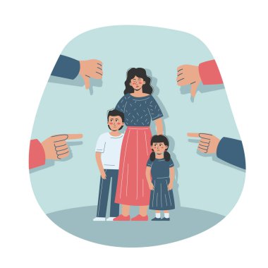 A sad single mother and her children are bullied and shamed. The family is surrounded by condemning gestures. clipart