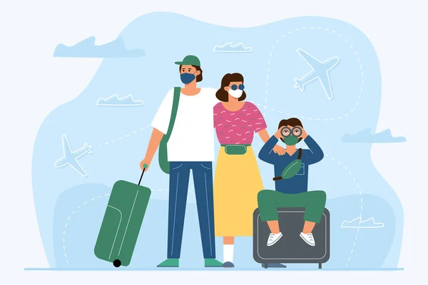 Coronavirüs salgını sırasında seyahat kavramı, Vaxications. Maskeli aile, arka planda uçan uçakların çantasıyla ayakta duruyor..