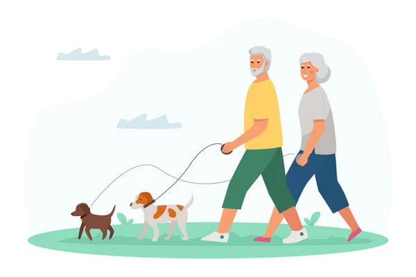 Yaşlı adam ve kadın köpeklerle yürüyorlar. Yaşlılar için aktif yaşam tarzı ve boş zaman aktiviteleri.