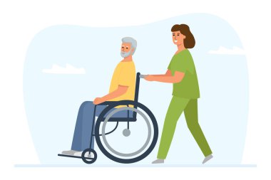 Bir gönüllü, tekerlekli sandalyedeki gri saçlı bir adamla yürüyor. Özürlülere destek ve tıbbi bakım.