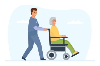 Bir sağlık çalışanı yaşlı engelli bir kadınla tekerlekli sandalye itiyor. Hasta bakıcısı..