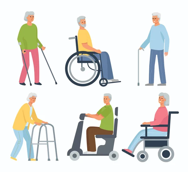 Collection Elderly Disabled People People Wheelchairs Women Walkers Crutches Man — Stock Vector