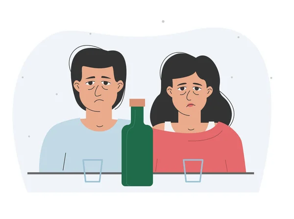 Bunalımlı sarhoş evli çift. Elinde bir şişe alkol olan bir adam ve bir kadın. İstismar ve bağımlılık kavramı.