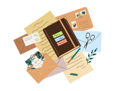 Çeşitli zarflar, mektuplar, bir defter ve kırtasiye malzemeleri. Düğün ya da nişan davetiyesi yazmak.