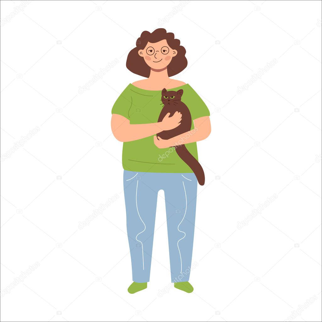 Happy single curvy woman with a cat.