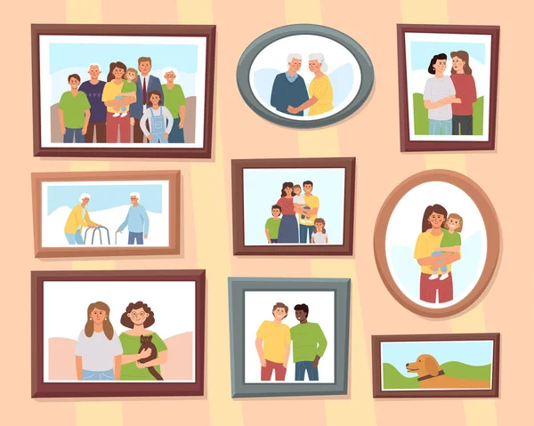 Various Framed Portraits Family Friends Hang Wall Diverse Moments Life — 图库矢量图片