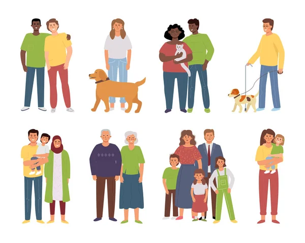 Différentes Familles Différents Couples Amis Proches Parents Isolés Partenaires Lgbt — Image vectorielle