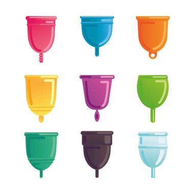 Muhtelif aybaşı bardakları. Aylık hijyen ürünleri koleksiyonu.