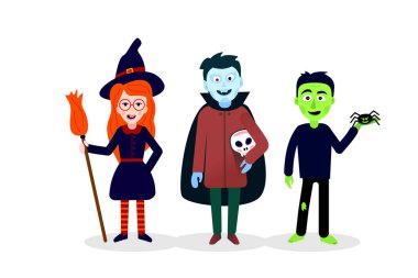 Cute Halloween characters: witch, zombie, vampire. Vector illustration.