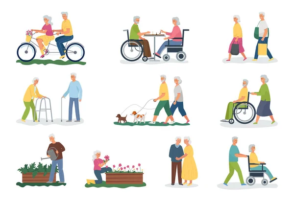 A collection of elderly white-haired people performing various activities. Walking with your pet, cycling, shopping, playing chess, gardening. Disabled pensioners in a wheelchair and with a stick.