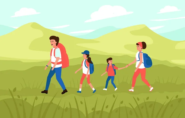 Family with kids hiking in the mountains. Vector illustration.