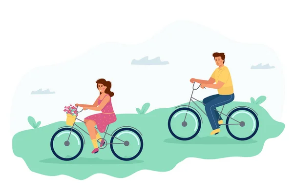 Man Woman Ride Bicycles Romantic Date Cycles Couple — 图库矢量图片