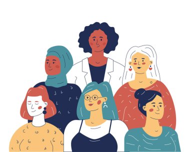 Kadın liderlerden oluşan çok ırklı bir ekip, iş dünyasındaki eşitlik kavramı. Web sitesi veya uygulama için bir illüstrasyon.