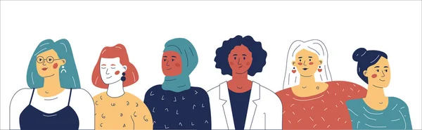 A multi-ethnic group of women. Vector illustration in the trending doodle style.