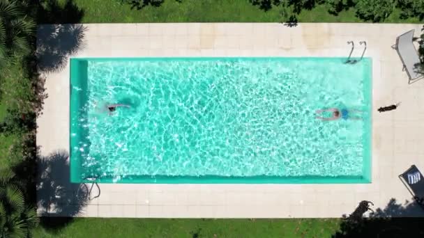 Dwóch kochanków pływających jeden w kierunku drugiego w swoim prywatnym basenie, Aerial — Wideo stockowe