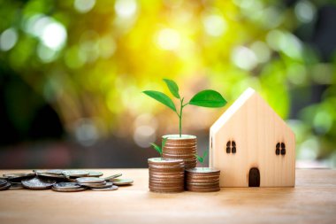 Ev modeli ve fabrika madeni para tasarrufu kavramında gelişiyor. İş finans ve para kavramı, ev, kredi, gelecek için Bokeh arkaplanı için hazırlık parası.