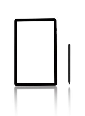 Yeni model siyah tablet ve kalem, beyaz arkaplanda izole edilmiş metin ve modern teknoloji konsepti için kopyalama alanı olan boş ekran. Kesme yolu.