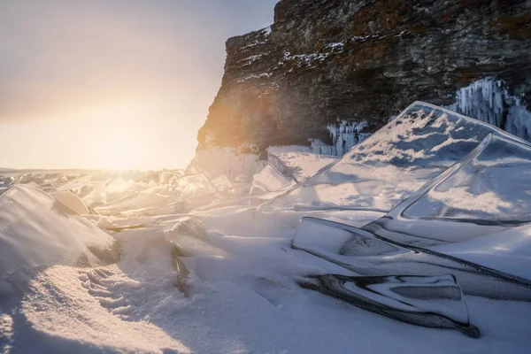 Atemberaubender Rosa Sonnenaufgang Über Dem Zugefrorenen Baikalsee Winter Meerblick Mit — Stockfoto