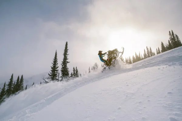 Cavaleiro Colocando Snowmobile Bela Paisagem Inverno Com Floresta Montanhas — Fotografia de Stock