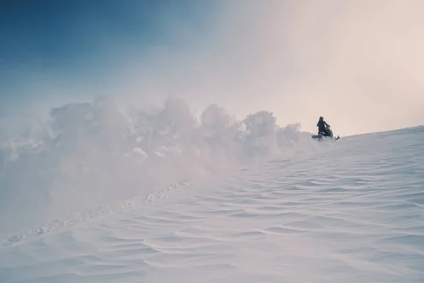 Всадница Снегоходах Красивом Горном Склоне — стоковое фото