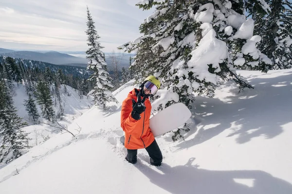 Snowboarder Freerider Walking Ski Touring Forest Wild Mountains Winter Sunny — Stock Photo, Image