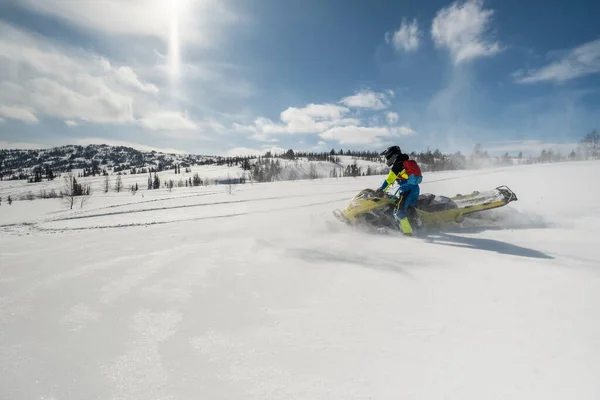 Sneeuwscooter Vrouwelijke Rijder Rijden Prachtige Berghelling — Stockfoto