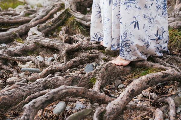 Barefoot Woman Wearing Long Natural Dress Standing Big Tree Roots — Stock Photo, Image