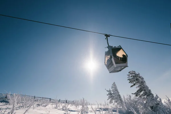 Gondelbahn Bergskigebiet Wintertag Schneebedeckter Fichtenwald lizenzfreie Stockfotos