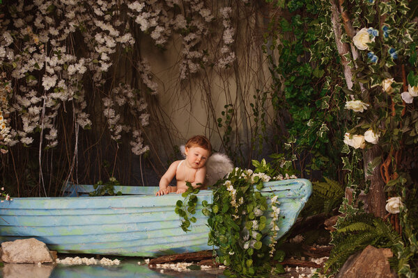Baby with angel wings in a boat with flowers