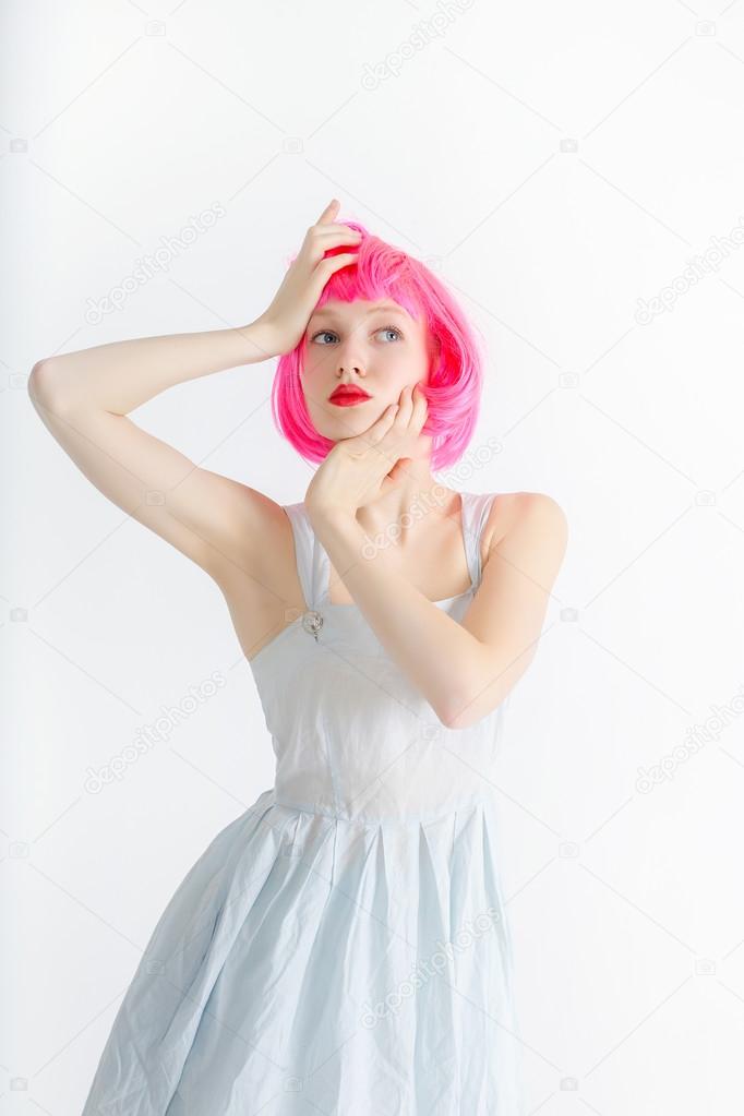 Fashion model with pink hair