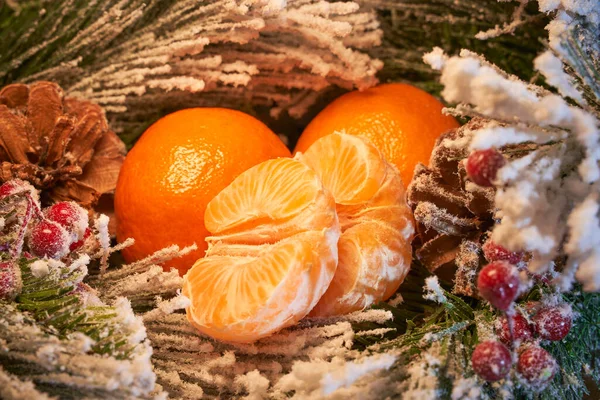Ahşap arka planda portakallar ve köknar ağacı ile noel kompozisyonu