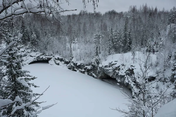 岩や冬の森を背景に凍るような山の湖 — ストック写真