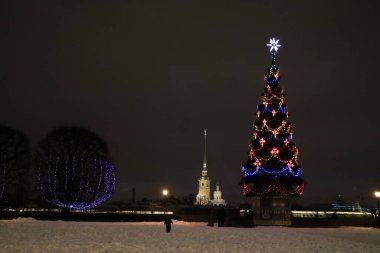 Güzel Peter ve Paul Katedrali 'nin arka planındaki Noel ağacında sakin bir Noel akşamı