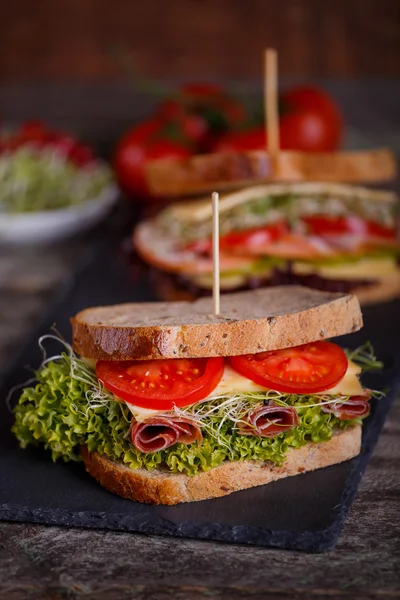 Dos sándwiches con pan de cereales con lechuga, rodajas de tomates frescos y pimiento dulce, jamón, jamón, jamón, salami, queso y brotes de cebolla sobre fondo de mármol oscuro. Primer plano — Foto de Stock