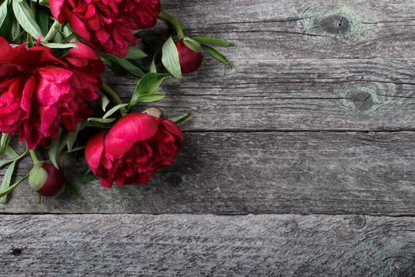 Roze pioenrozen bloemen op rustieke houten achtergrond. Selectieve aandacht, plaats voor tekst, bovenaanzicht — Stockfoto