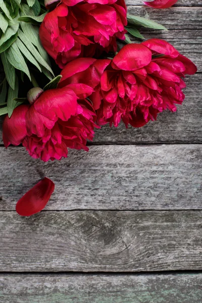 Roze pioenrozen bloemen op rustieke houten achtergrond. Selectieve aandacht, plaats voor tekst, bovenaanzicht — Stockfoto