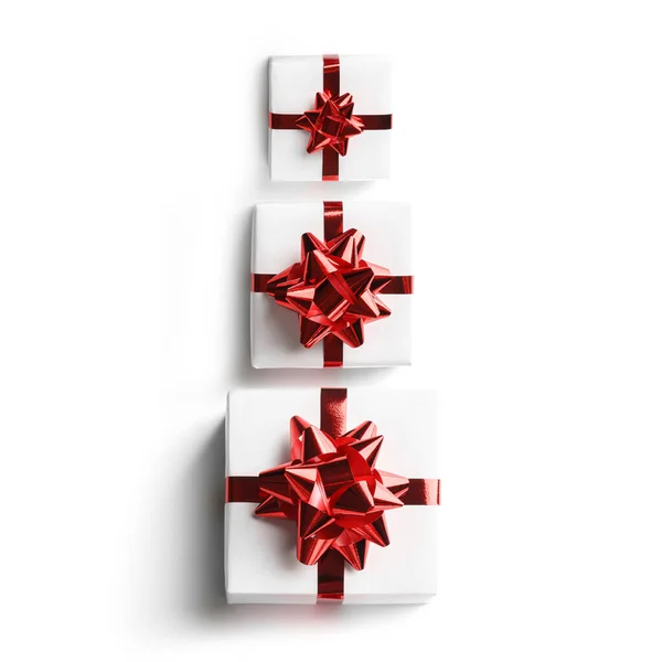 Boldog Karácsonyi Lapot Készült Fehér Ajándék Dobozok Piros Íjak Szalagok — Stock Fotó