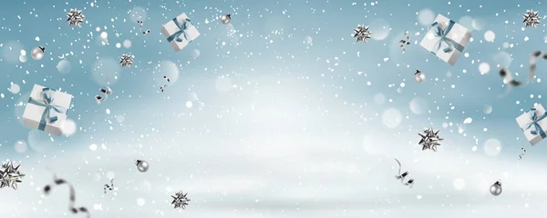 Feliz Natal Ano Novo Fundo Azul Com Boxex Presente Voador —  Vetores de Stock
