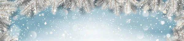 Δημιουργικό Πλαίσιο Από Χριστουγεννιάτικα Χιονισμένα Κλαδιά Ελάτης Νιφάδες Χιονιού Φως — Διανυσματικό Αρχείο
