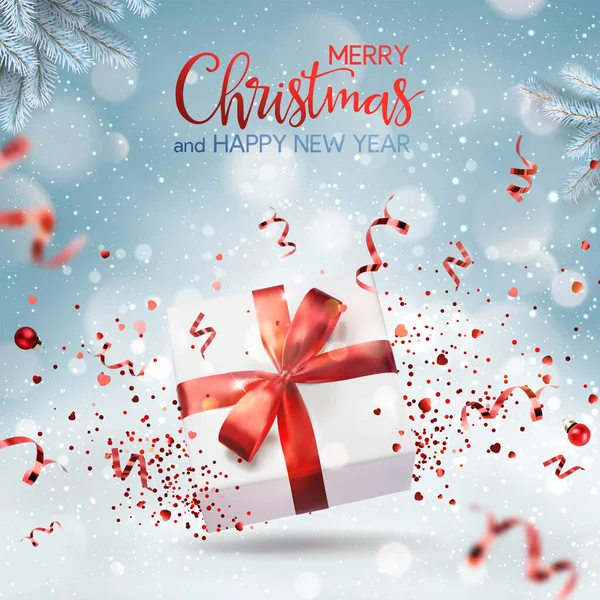 ギフトボックス 赤いリボン コンフェッティ ボケと青雪の背景にメリークリスマスとハッピーニューイヤーテキスト クリスマス休暇カード ベクトルイラスト リアルなベクトル — ストックベクタ