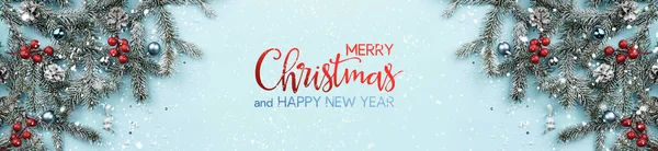 Merry Christmas Happy New Year Text Blue Background Fir Branches — Stock Photo, Image