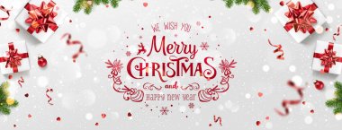 Noel arkaplanda hediye kutuları, köknar dalları, kırmızı kurdele, dekorasyon, ışıltı, konfeti ve bokeh içeren kırmızı Noel ve yeni yıl metinleri. Mutlu noel kartları. Vektör İllüstrasyonu, gerçekçi vektör