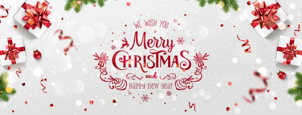 Rote Weihnachten Und Neujahr Text Auf Weihnachtshintergrund Mit Geschenkschachteln Tannenzweigen — Stockvektor