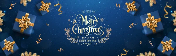 Текст Gold Merry Christmas New Year Темно Синем Фоне Рождественскими — стоковый вектор