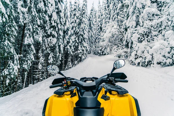 Wyścig Quadów Zimą Pięknej Śnieżnej Drodze Jodłami Zamarzniętych Górach Lasu — Zdjęcie stockowe