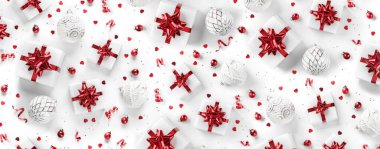 Merry Christmas pattern made of Christmas gift boxes with red bows, silver decoration, confetti on white background. Xmas and New Year holiday banner with bokeh, light, glitter. Flat lay, top view clipart