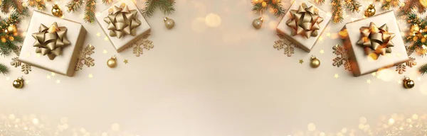 Veselé Vánoční Přání Zlatých Vánočních Dárkových Krabic Luky Zlatém Pozadí — Stock fotografie