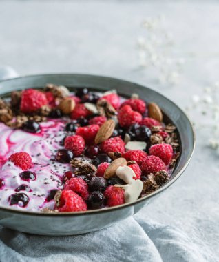 Yoğurt, granola, müsli, tohum, donmuş ahududu, yabanmersini ve açık arkaplanlı mavi seramik fındıklı sağlıklı kahvaltı kasesi. Sağlıklı yiyecekler, detoks pürüzsüz, vejetaryen beslenme, yakın çekim.